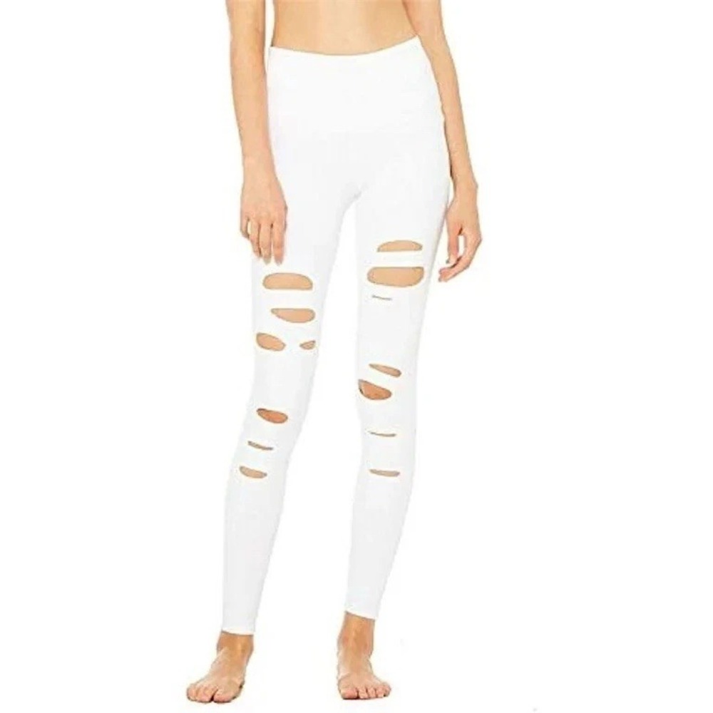 Alo Yoga Women's White High-Waist Rppped Warrior Leggings Size Small